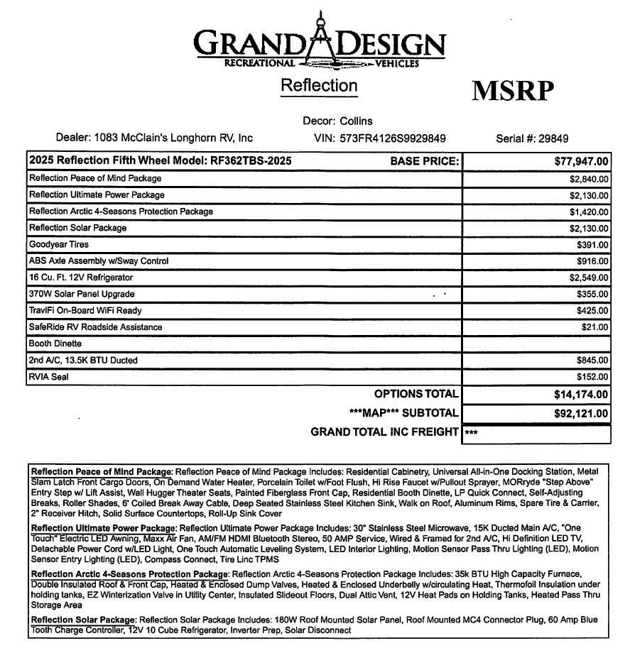 2025 Grand Design Reflection 362TBS - New Fifth Wheel For Sale by McClain's Longhorn RV in Sanger, Texas features Air Conditioning, Pantry, Dinette, CO Detector, Leveling Jacks