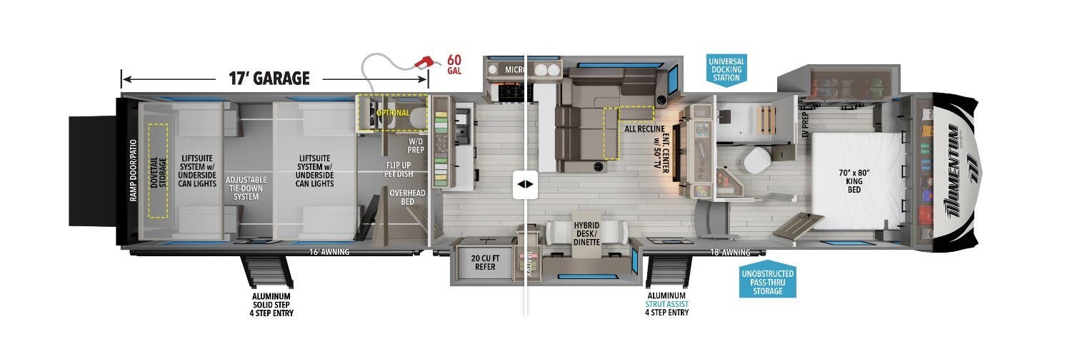 2025 Grand Design Momentum 392M - New Toy Hauler For Sale by McClain's Longhorn RV in Sanger, Texas features Microwave, Air Conditioning, Queen Bed, Auxiliary Battery, Fireplace