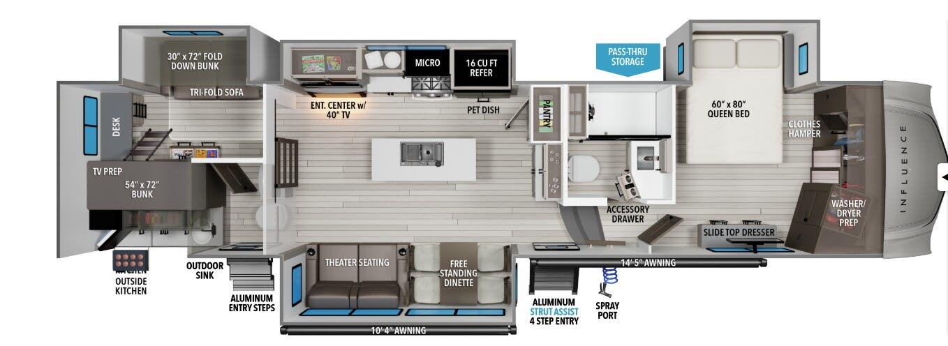 2026 Grand Design Influence 3704BH - New Fifth Wheel For Sale by McClain's Longhorn RV in Sanger, Texas features Table and Chairs, Toilet, Fire Extinguisher, Dinette, TV