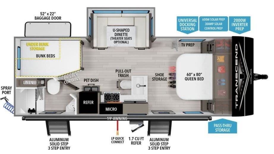 2026 Grand Design Transcend Xplor 23BHX - New Travel Trailer For Sale by McClain's Longhorn RV in Sanger, Texas features Air Conditioning, Queen Bed, Fire Extinguisher, Slideout, Medicine Cabinet