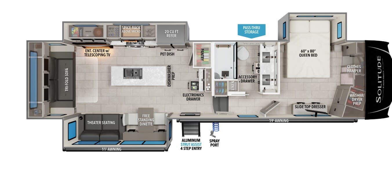 2026 Grand Design Solitude 370DV - New Fifth Wheel For Sale by McClain's Longhorn RV in Sanger, Texas features Oven, Fire Extinguisher, Stove, CO Detector, Free Standing Dinette w/Chairs