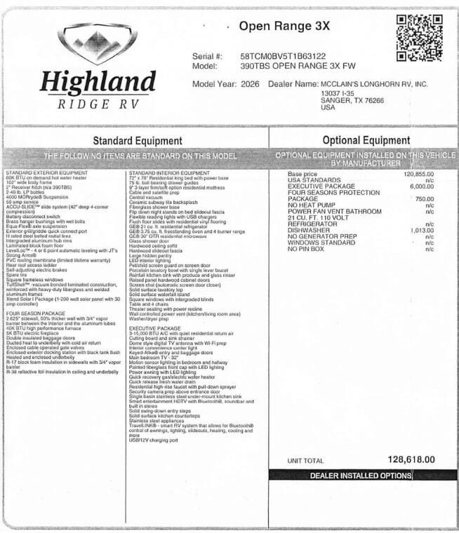2026 Open Range 3X 390TBS by Highland Ridge from McClain's Longhorn RV in Sanger, Texas