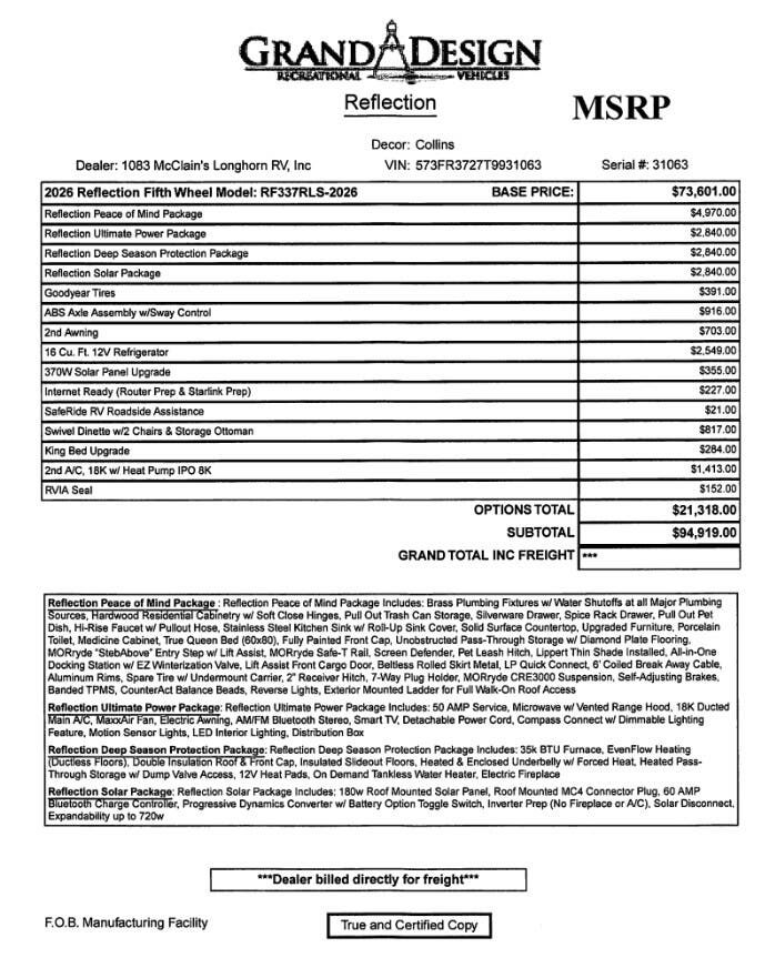 2026 Reflection 337RLS by Grand Design from McClain's Longhorn RV in Sanger, Texas