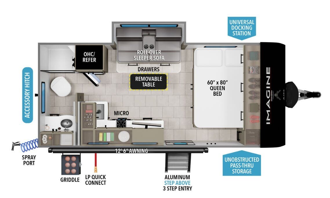 2026 Grand Design Imagine AIM 16MLA - New Travel Trailer For Sale by McClain's Longhorn RV in Sanger, Texas features Enclosed Underbelly, Microwave, Black Tank Flush, Refrigerator, LED Lights