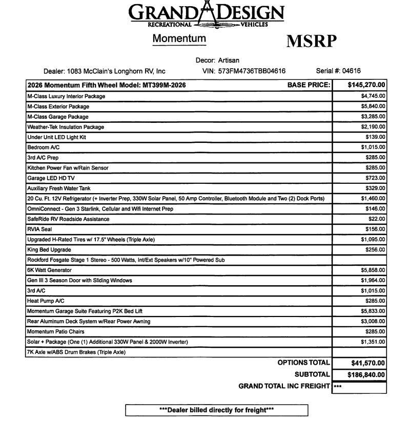 2026 Momentum 399M by Grand Design from McClain's Longhorn RV in Sanger, Texas