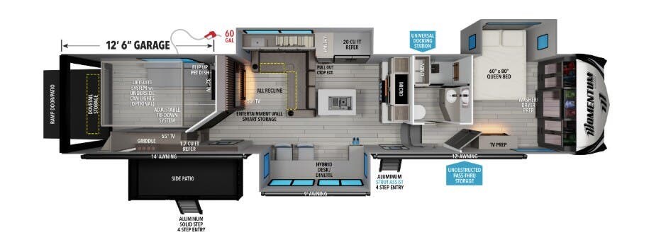 2026 Grand Design Momentum 399M - New Toy Hauler For Sale by McClain's Longhorn RV in Sanger, Texas features Overhead Cabinetry, Free Standing Dinette w/Chairs, Queen Bed, Medicine Cabinet, Shower