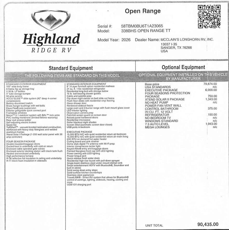 2026 Open Range 338BHS by Highland Ridge from McClain's Longhorn RV in Sanger, Texas