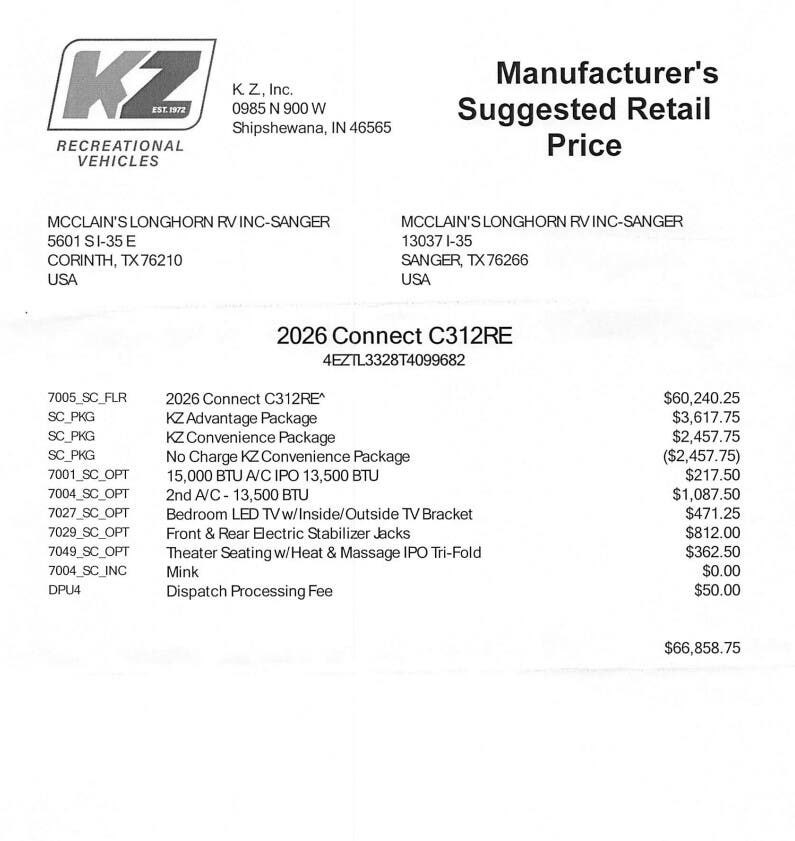 2026 Connect 312RE by K-Z from McClain's Longhorn RV in Sanger, Texas