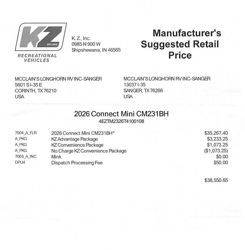 2026 Connect Mini 231BH by K-Z from McClain's Longhorn RV in Sanger, Texas