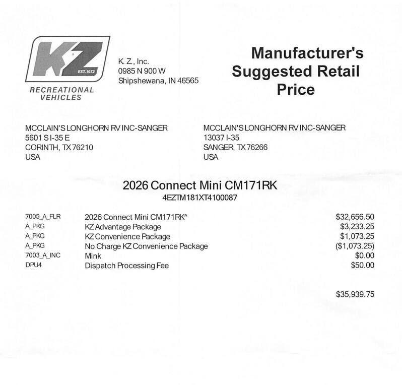2026 Connect Mini 171RK by K-Z from McClain's Longhorn RV in Sanger, Texas