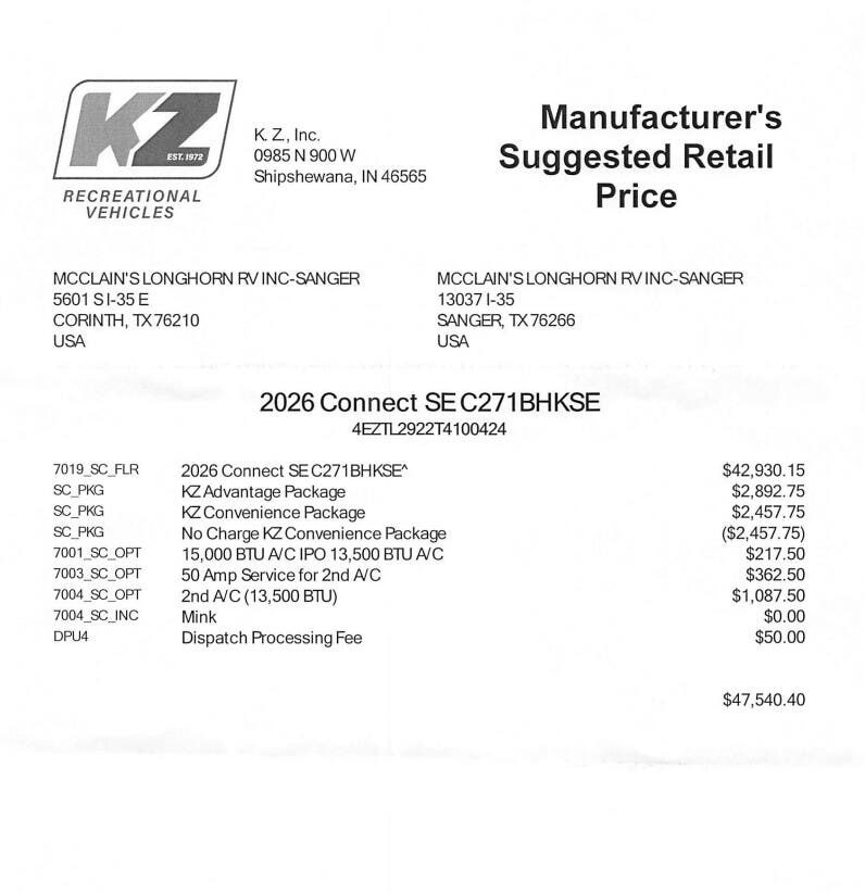 2026 Connect SE 271BHK by K-Z from McClain's Longhorn RV in Sanger, Texas