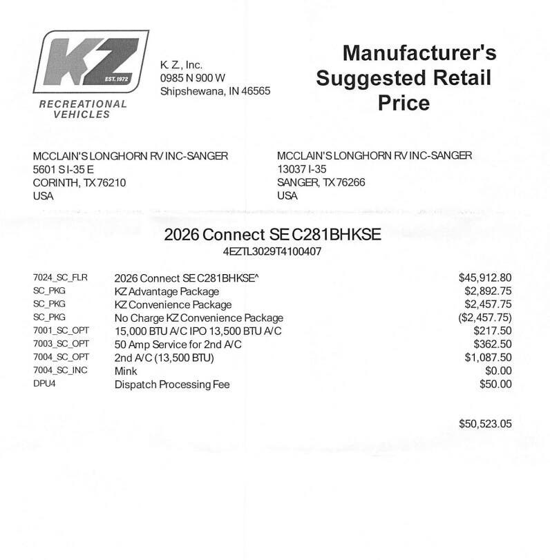 2026 Connect SE 281BHK by K-Z from McClain's Longhorn RV in Sanger, Texas