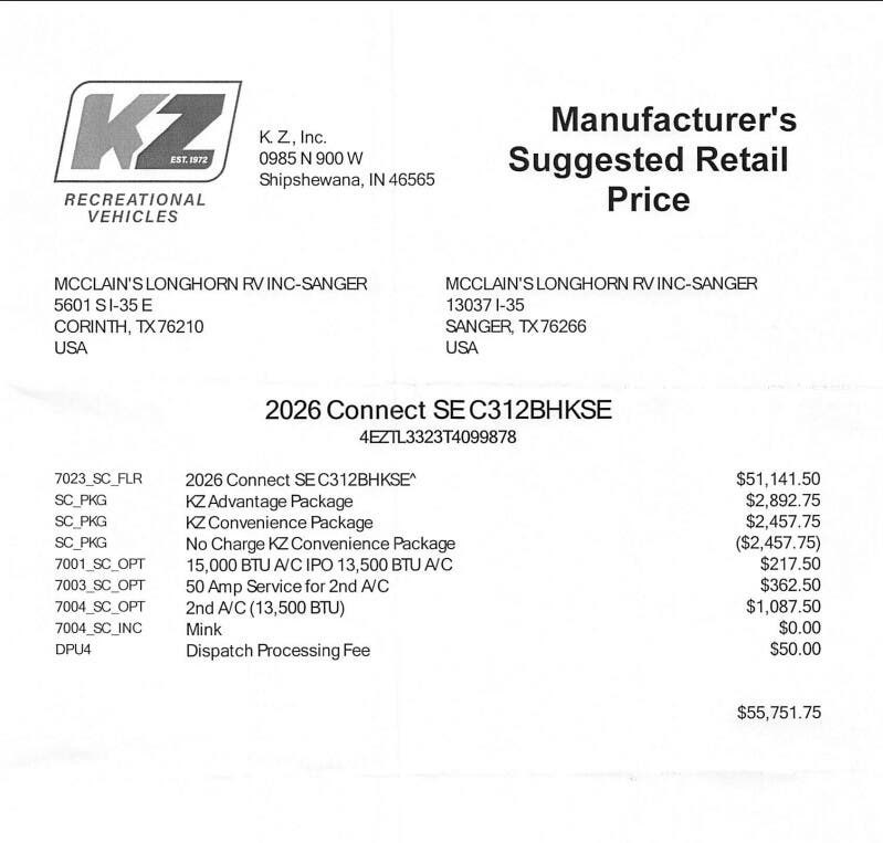 2026 Connect SE 312BHK by K-Z from McClain's Longhorn RV in Sanger, Texas