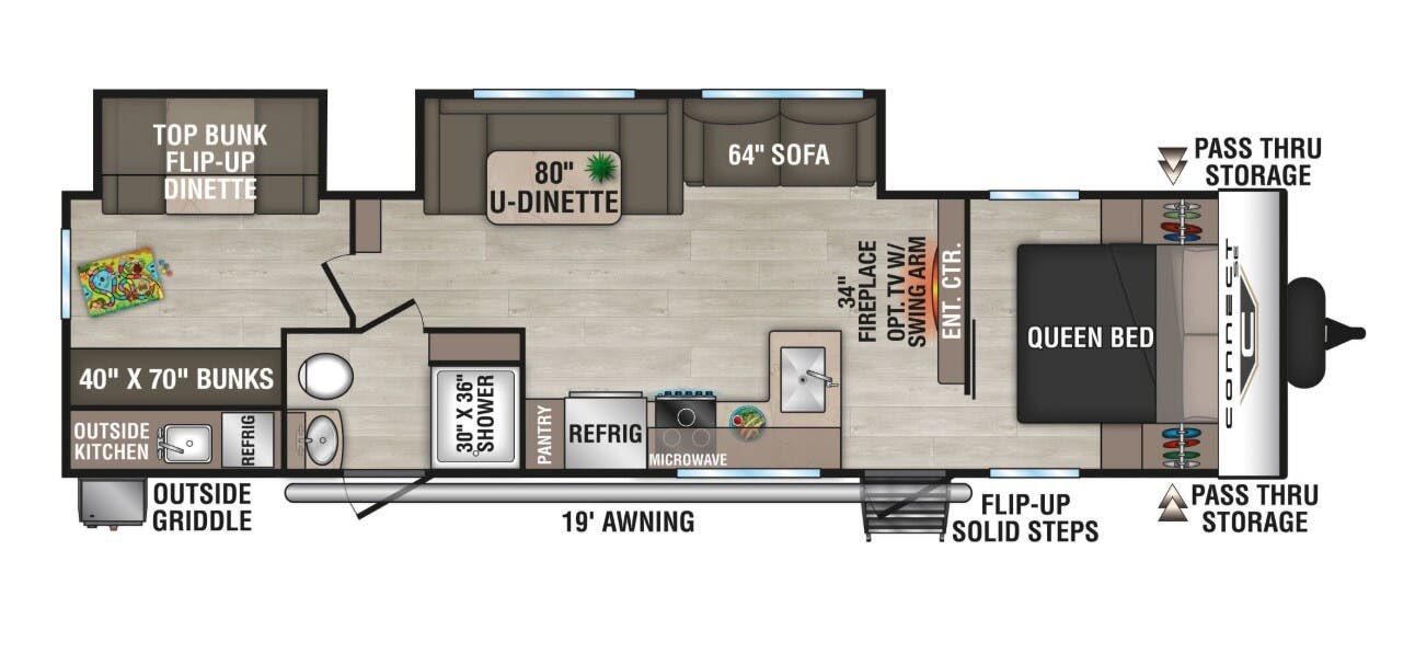 2026 K-Z Connect SE 312BHK - New Travel Trailer For Sale by McClain's Longhorn RV in Sanger, Texas features Stabilizer Jacks, Microwave, Roof Deck, Shower, Fireplace