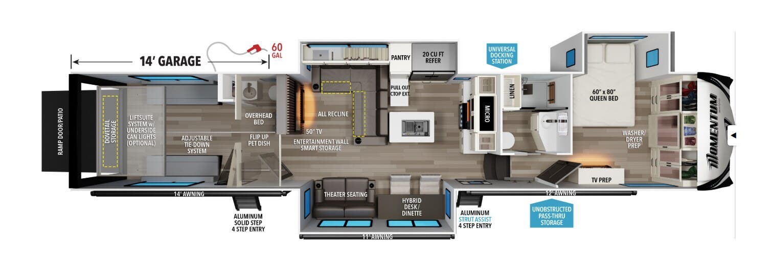 2026 Grand Design Momentum 395MT - New Toy Hauler For Sale by McClain's Longhorn RV in Sanger, Texas features Oven, TV, Air Conditioning, Pantry, Slideout