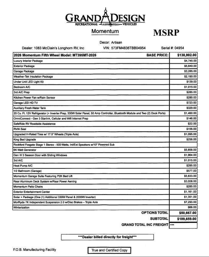 2026 Momentum 395MT by Grand Design from McClain's Longhorn RV in Sanger, Texas