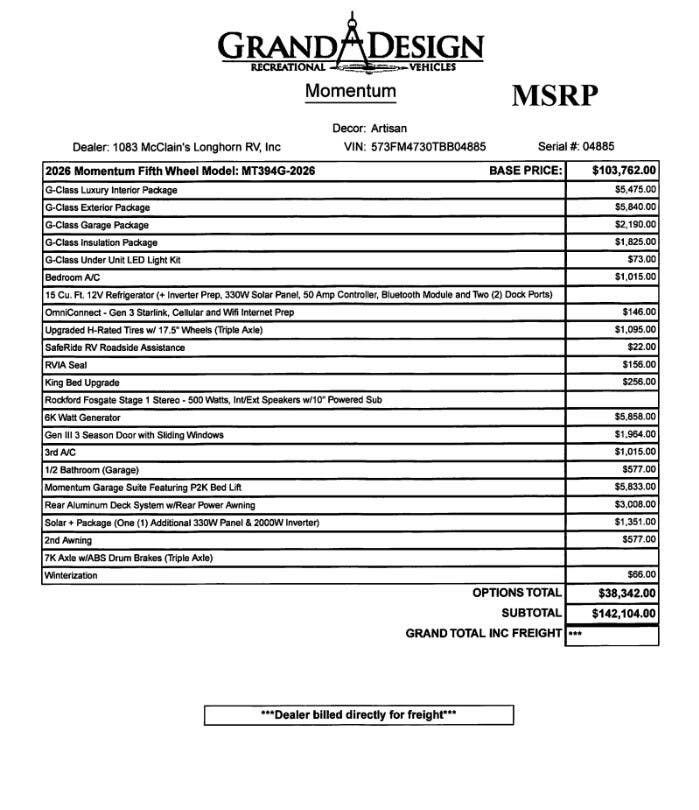 2026 Momentum G-Class 394G by Grand Design from McClain's Longhorn RV in Sanger, Texas