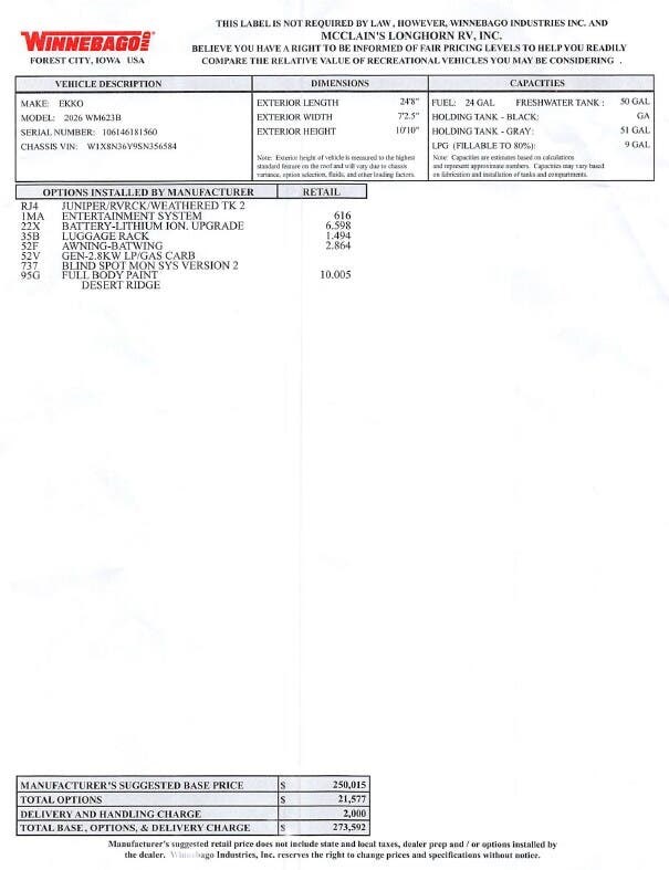 2026 Winnebago Ekko 23B - New Class C For Sale by McClain's Longhorn RV in Sanger, Texas features Fire Extinguisher, Awning, Batteries, TV Antenna, Water Heater