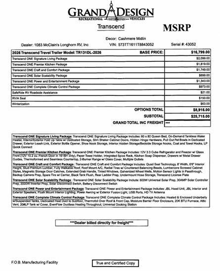 2026 Transcend One 131DL by Grand Design from McClain's Longhorn RV in Sanger, Texas