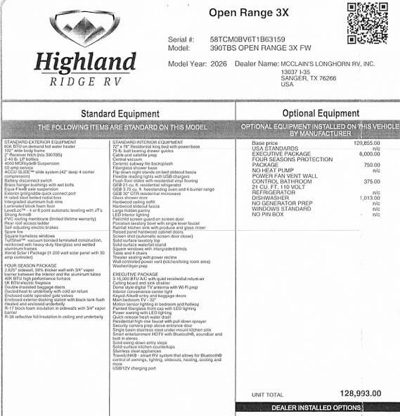 2026 Open Range 3X 390TBS by Highland Ridge from McClain's Longhorn RV in Sanger, Texas