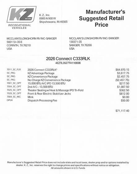 2026 Connect 333RLK by K-Z from McClain's Longhorn RV in Sanger, Texas