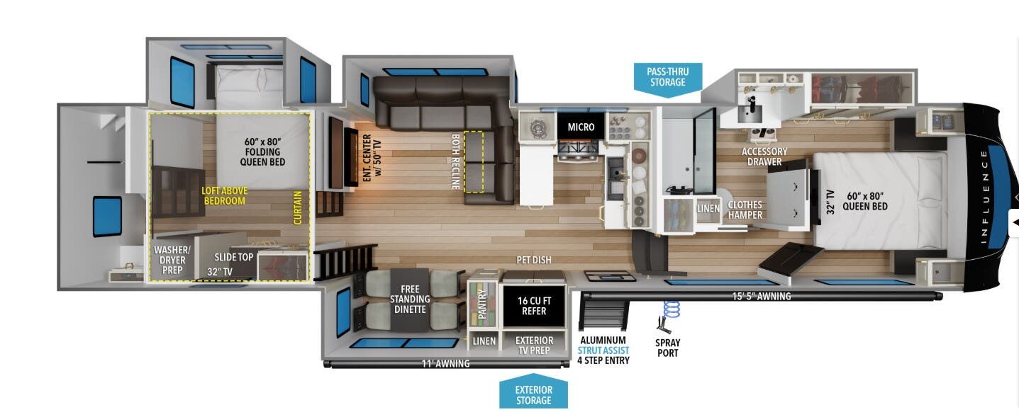 2026 Grand Design Influence 3804DS - New Fifth Wheel For Sale by McClain's Longhorn RV in Sanger, Texas features Dryer, Inverter, Shower, Detachable, Queen Bed