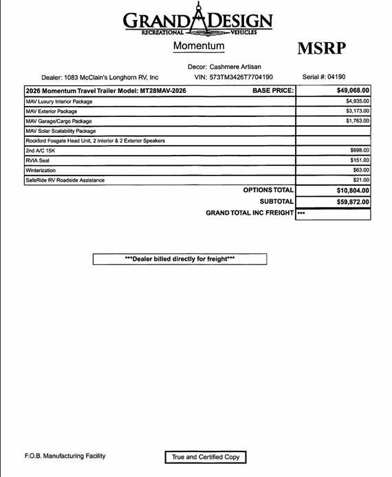 2026 Momentum 28MAV by Grand Design from McClain's Longhorn RV in Sanger, Texas
