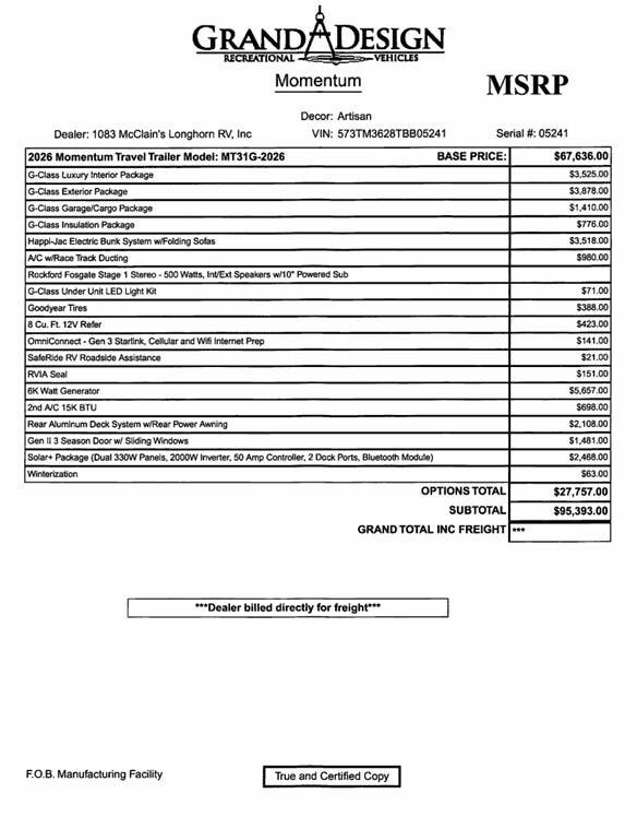 2026 Momentum G-Class 31G by Grand Design from McClain's Longhorn RV in Sanger, Texas