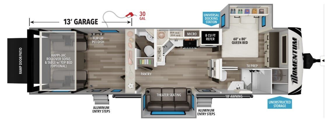 2026 Grand Design Momentum G-Class 31G - New Travel Trailer For Sale by McClain's Longhorn RV in Sanger, Texas features Shower, Microwave, Queen Bed, CO Detector, Smoke Detector