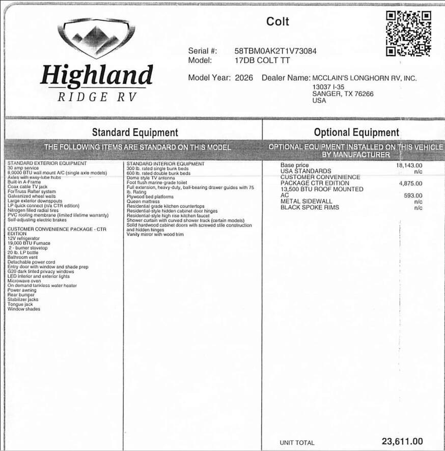 2026 Open Range CONV COLT 17DB by Highland Ridge from McClain's Longhorn RV in Sanger, Texas