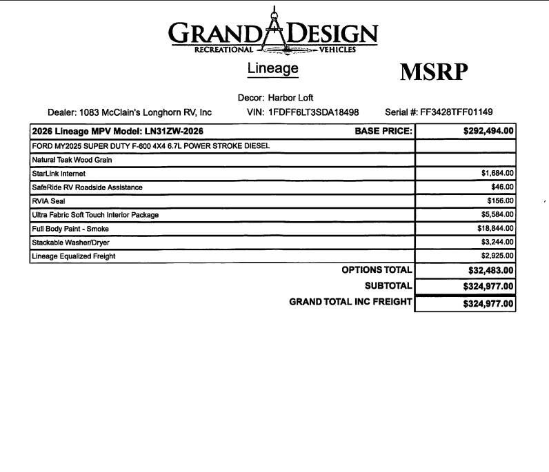 2026 Lineage 31ZW by Grand Design from McClain's Longhorn RV in Sanger, Texas