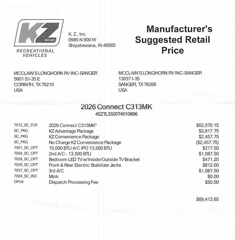 2026 Connect 313MK by K-Z from McClain's Longhorn RV in Sanger, Texas