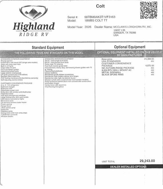 New 2026 Highland Ridge Open Range CONV COLT 18MBS available in Sanger, Texas