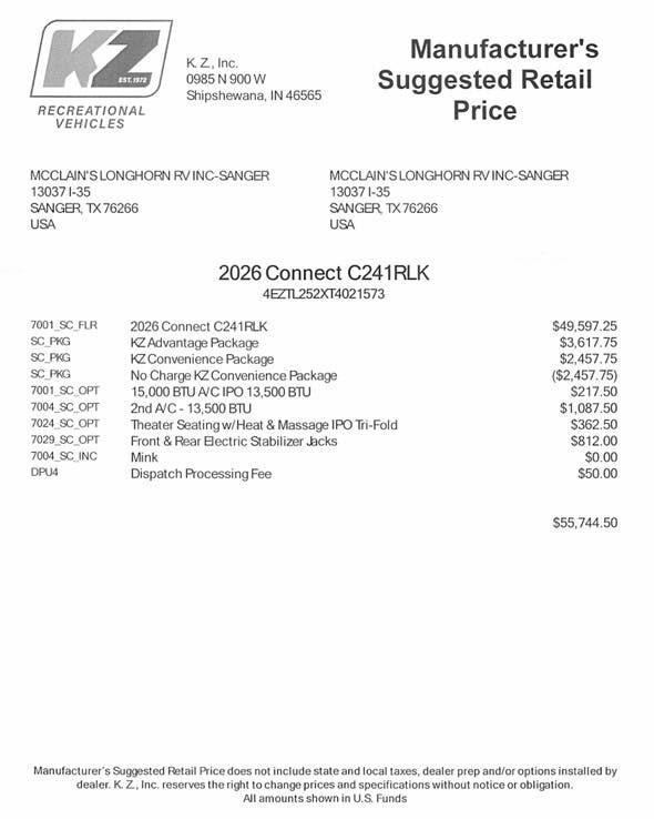2026 Connect 241RLK by K-Z from McClain's Longhorn RV in Sanger, Texas