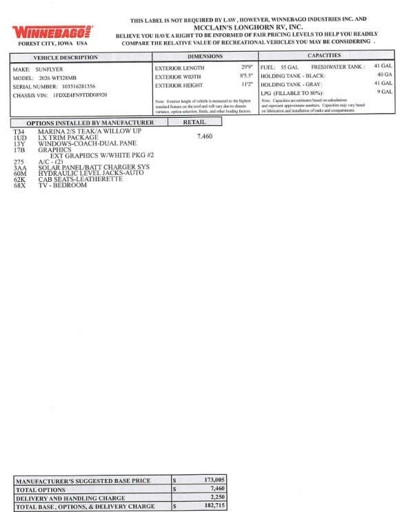 2026 Sunflyer 28MB by Winnebago from McClain's Longhorn RV in Sanger, Texas