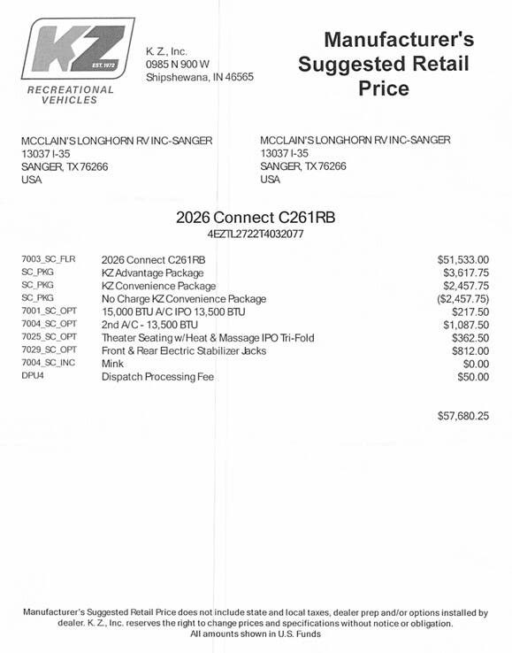 2026 Connect 261RB by K-Z from McClain's Longhorn RV in Sanger, Texas