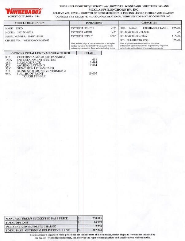 2027 Winnebago Ekko 23B - New Class C For Sale by McClain's Longhorn RV in Sanger, Texas