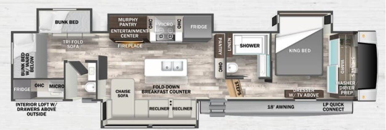 2023 Forest River Cedar Creek 375BHO - Used Fifth Wheel For Sale by McClain's Longhorn RV in Sanger, Texas features Toilet, Fantastic Fan, Fire Extinguisher, Generator, Microwave