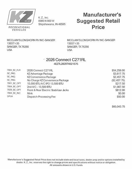 2026 Connect 271RL by K-Z from McClain's Longhorn RV in Sanger, Texas
