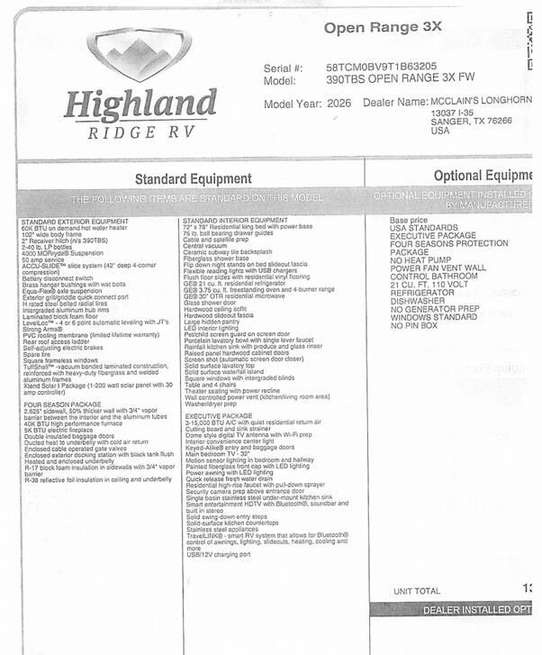 2026 Open Range 3X 390TBS by Highland Ridge from McClain's Longhorn RV in Sanger, Texas