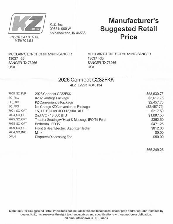 2026 K-Z Connect 282FKK - New Travel Trailer For Sale by McClain's Longhorn RV in Sanger, Texas