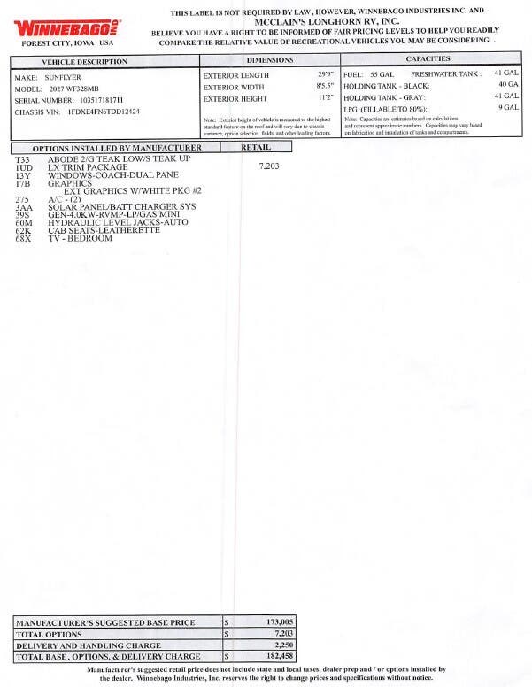 2027 Winnebago Sunflyer 28MB - New Class C For Sale by McClain's Longhorn RV in Sanger, Texas