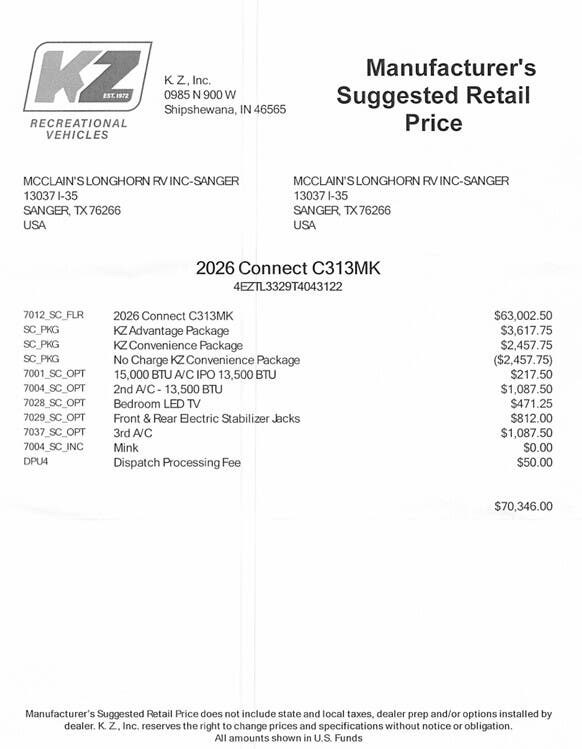 2026 K-Z Connect 313MK - New Travel Trailer For Sale by McClain's Longhorn RV in Sanger, Texas