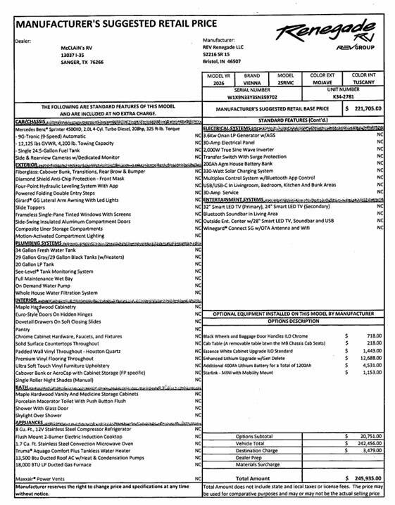 2026 Renegade RV VIENNA 25RMC - New Class C For Sale by McClain's Longhorn RV in Sanger, Texas