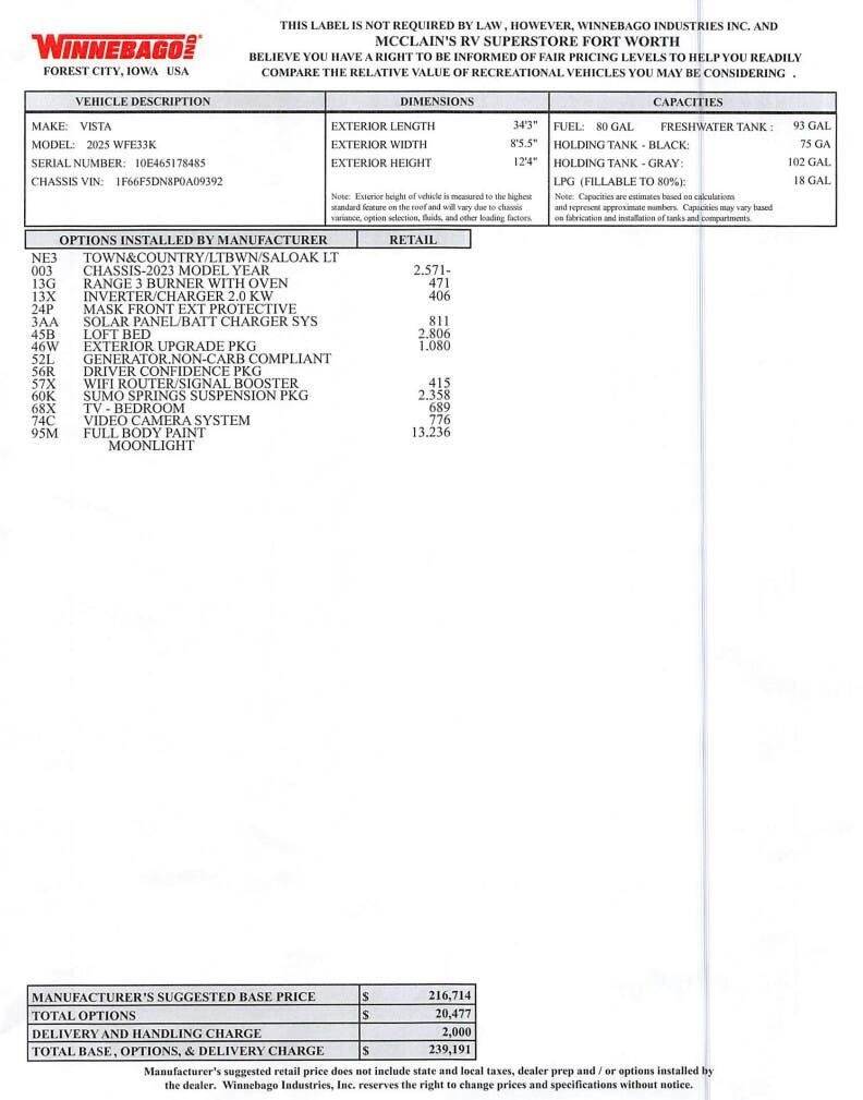 2025 Vista 33K by Winnebago from McClain&#39;s RV Fort Worth in Fort Worth, Texas