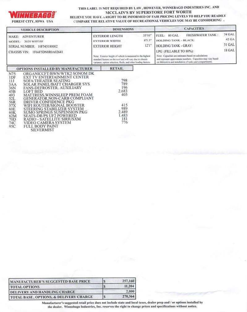 2025 Adventurer 35F by Winnebago from McClain's RV Fort Worth in Fort Worth, Texas