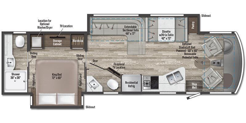 2025 Winnebago Adventurer 35F - New Class A For Sale by McClain's RV Fort Worth in Fort Worth, Texas features Toilet, Oven, LP Detector, Fireplace, Awning