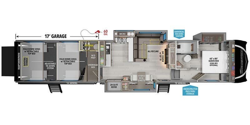 2025 Grand Design Momentum 392M - New Toy Hauler For Sale by McClain's RV Fort Worth in Fort Worth, Texas features Exterior Speakers, Oven, Water Heater, Fireplace, Bunk Beds