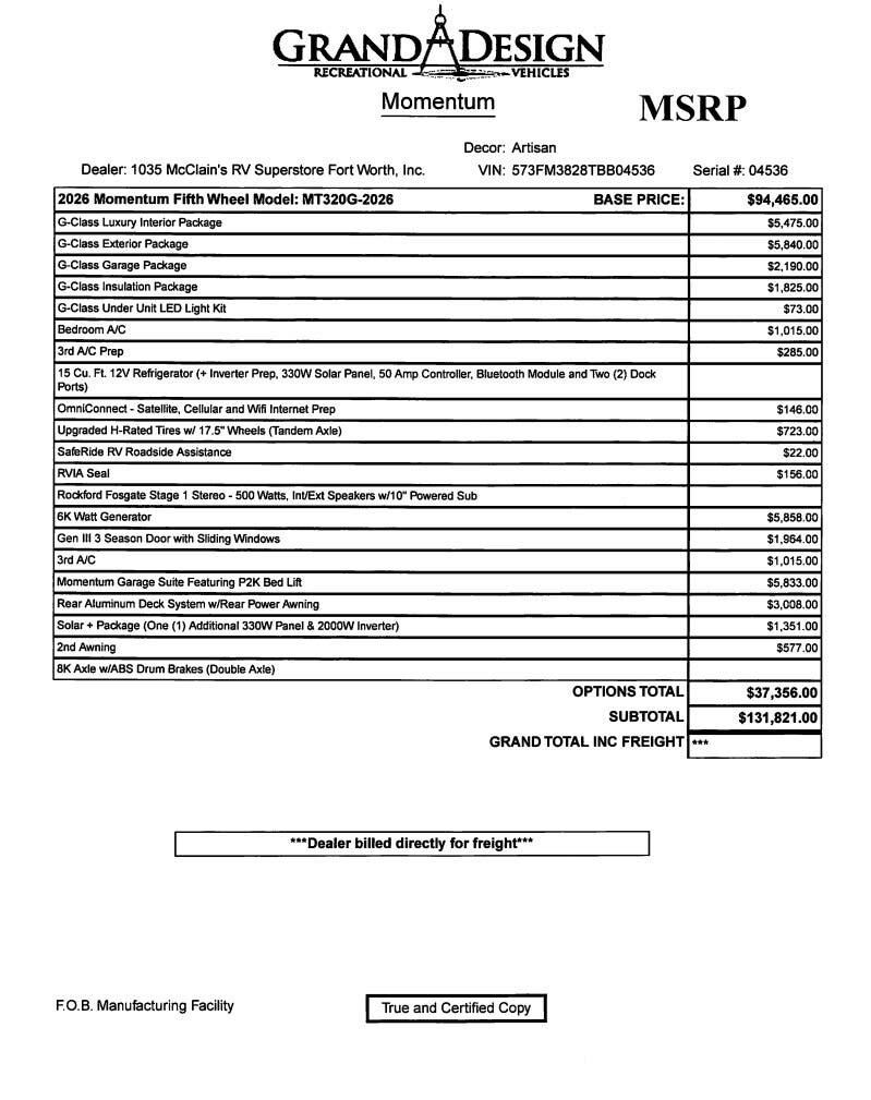 2026 Momentum G-Class 320G by Grand Design from McClain's RV Fort Worth in Fort Worth, Texas