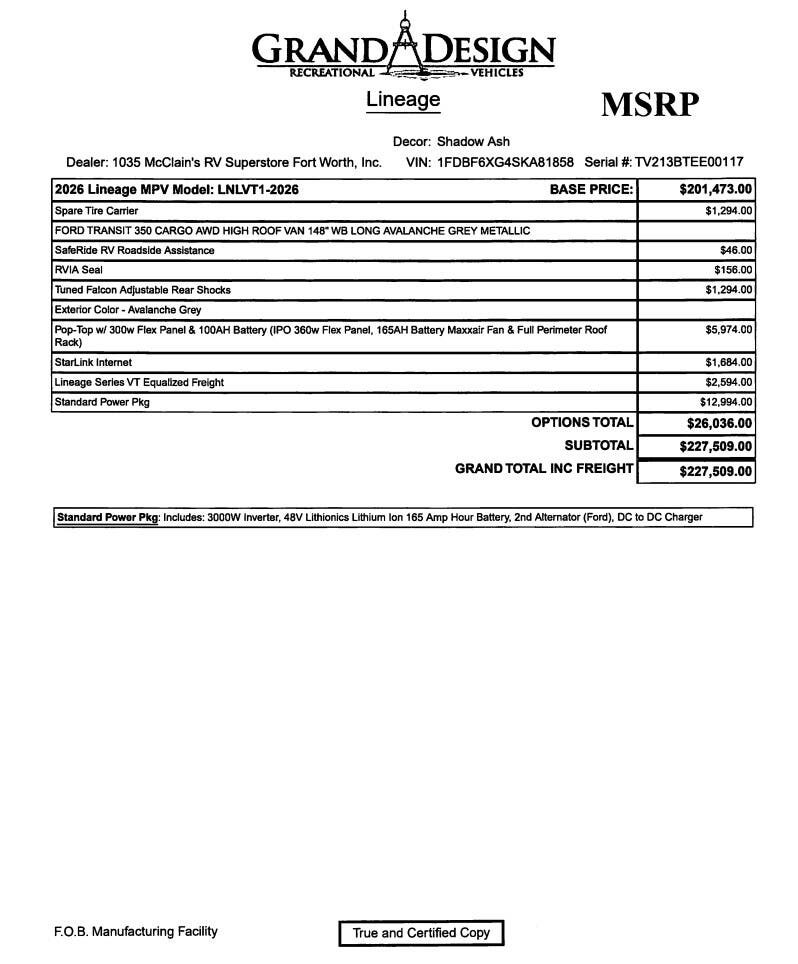 2026 Lineage LVT1 by Grand Design from McClain&#39;s RV Fort Worth in Fort Worth, Texas